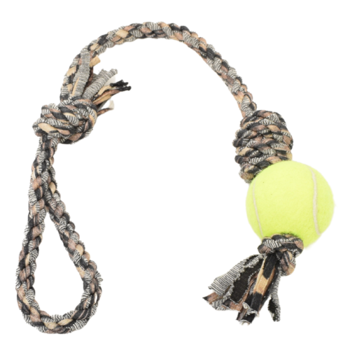 Loop/Barrel Tug Dog Toy with Recycled Tennis Ball