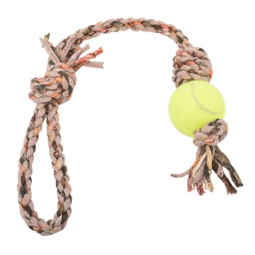 Loop/Barrel Tug Dog Toy with Recycled Tennis Ball