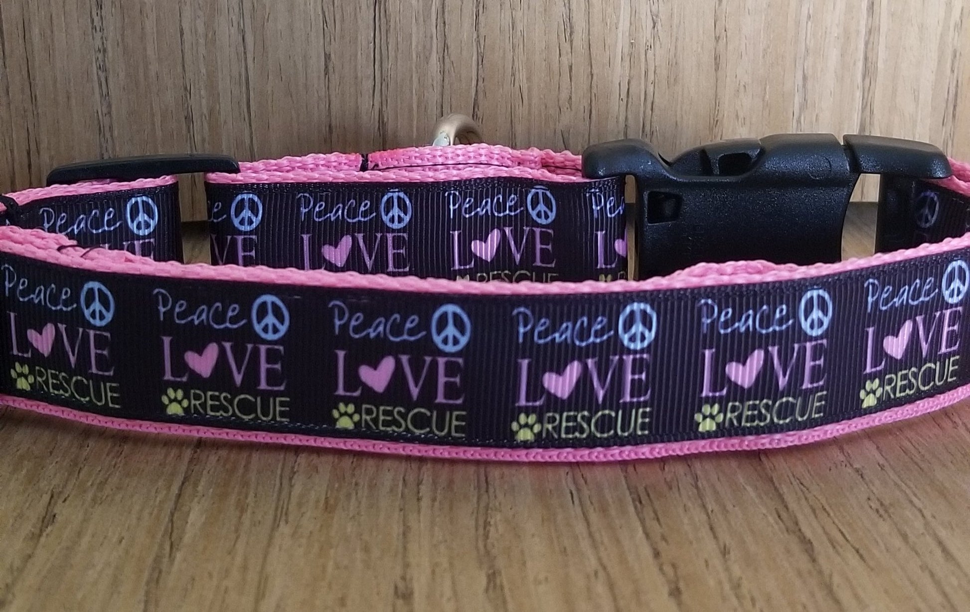 Peace Love and Rescue - Pink, Durable, No Slip, Martingale Dog Collar