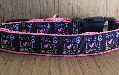 Peace Love and Rescue - Pink, Durable, No Slip, Martingale Dog Collar