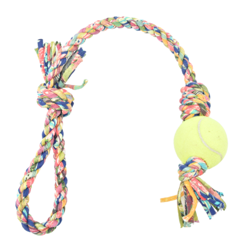 Loop/Barrel Tug Dog Toy with Recycled Tennis Ball