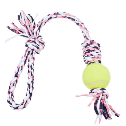 Loop/Barrel Tug Dog Toy with Recycled Tennis Ball