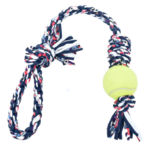 Loop/Barrel Tug Dog Toy with Recycled Tennis Ball